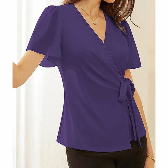 2025 Womens Summer Tops Dressy Business Casual Chiffon Short Sleeve - Picture 6 of 7